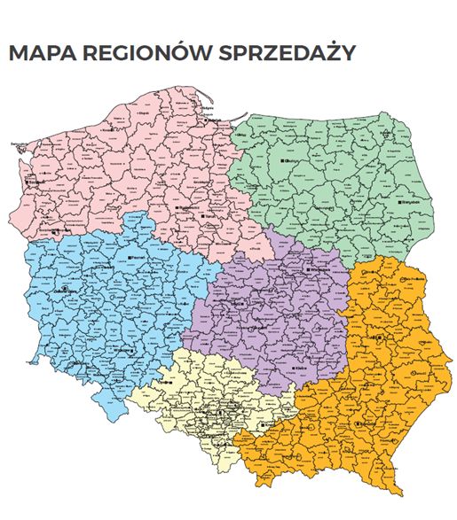 Mapa regionów sprzedaży INCHEM POLONIA z numerami telefonów do przedstawicieli handlowych